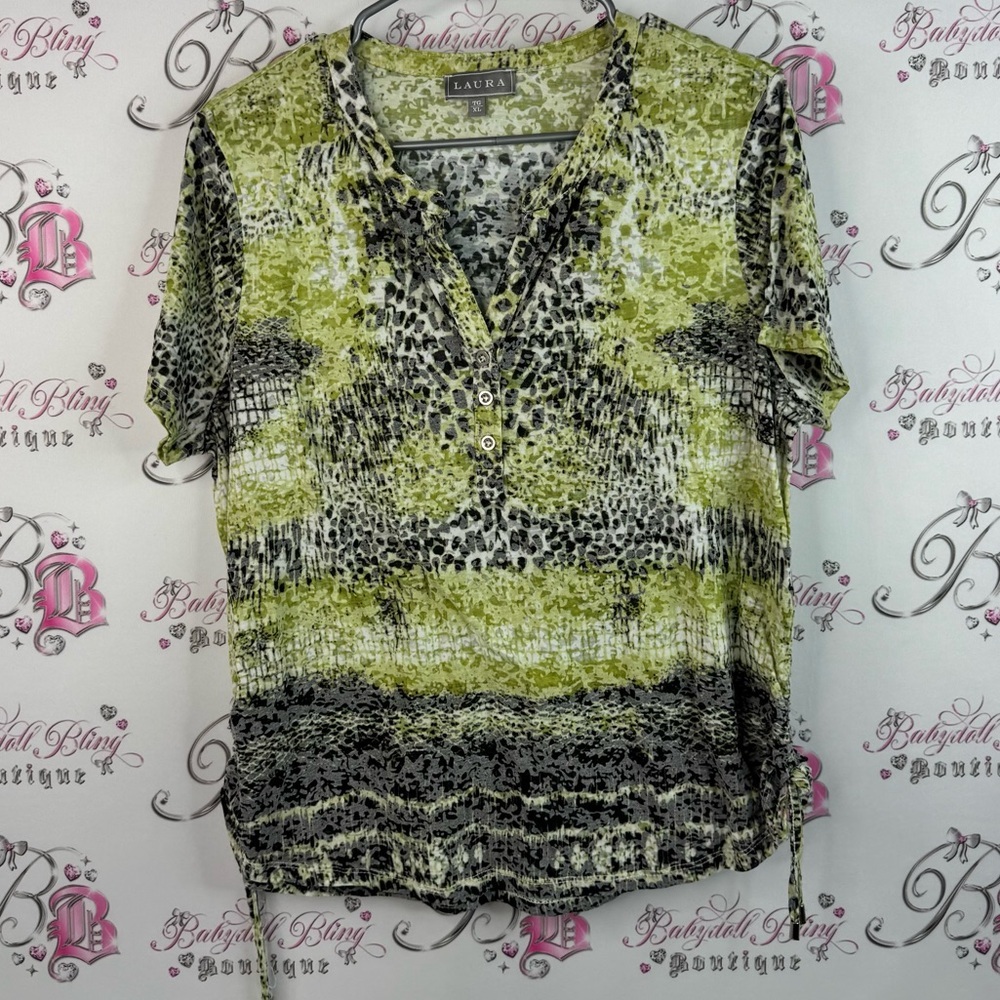 Laura tshirt animal print cheetah button down Green and Black Patterned Blouse